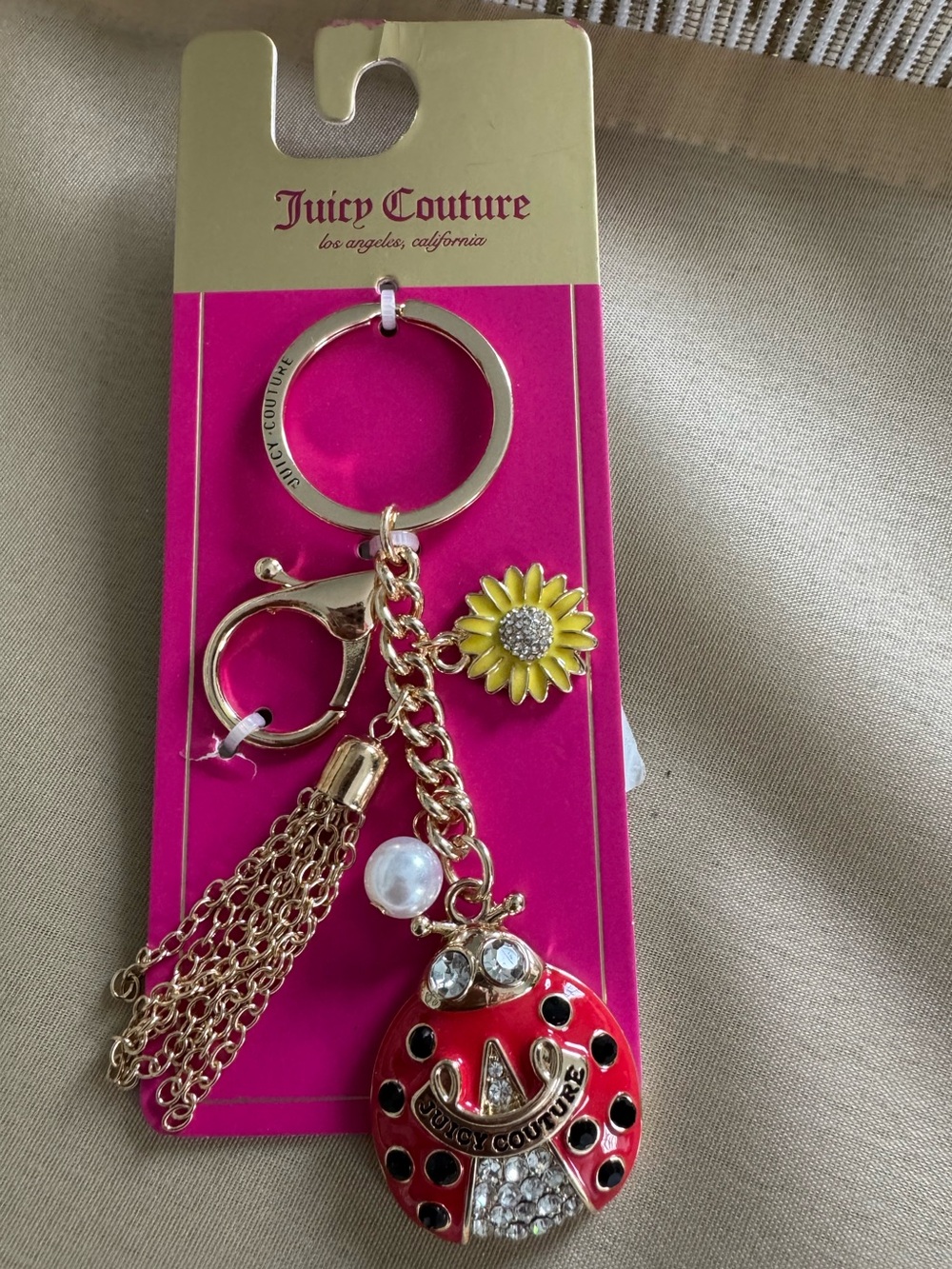 Juicy Couture Red Rhinestone Ladybug Keyring with Yellow Daisy Bag Charm